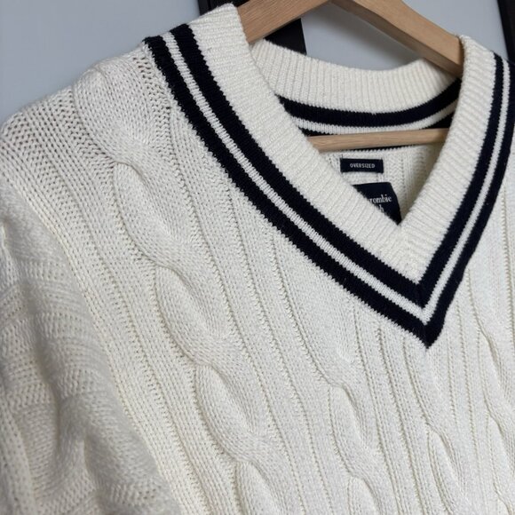 ABERCROMBIE & FITCH Cable knit Oversized Varsity Prep Sweater Women’s XL Tennis - Picture 6 of 13